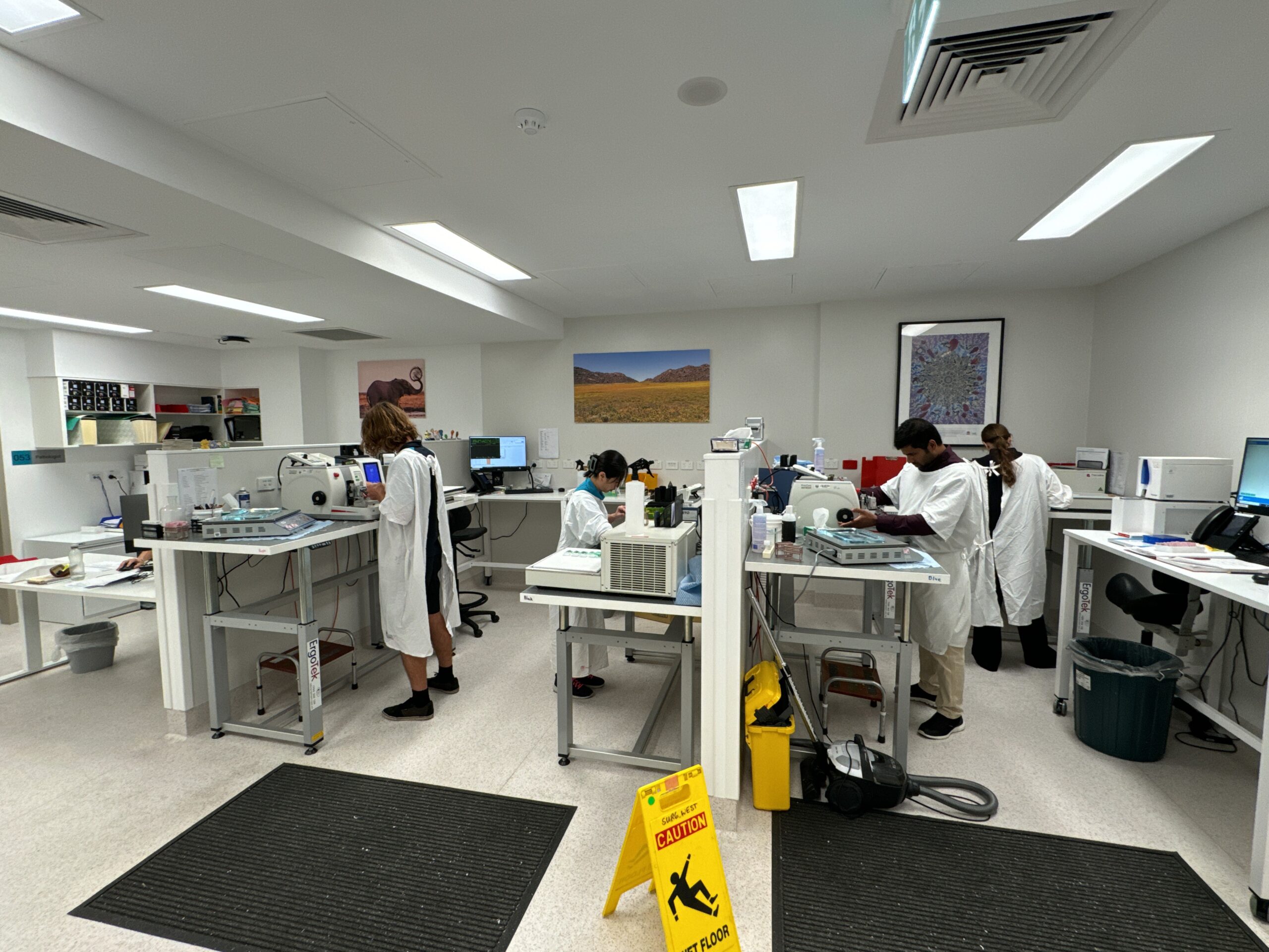 A group of people wearing lab coats working in a laboratory.