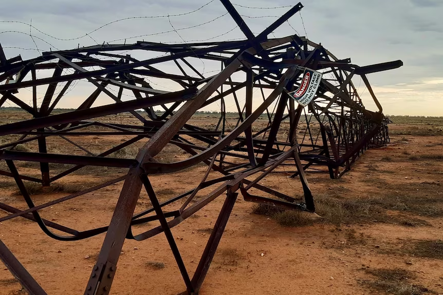 Twisted powerlines on the ground at Broken Hill after a storm passed through the town in October 2024.